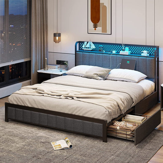 Tiptiper Queen Bed Frame with Storage Headboard, LED Bed Frame with Drawers, Upholstered Metal Platform Bed with USB Ports and Charging Outlets, No Squeak, Vertical Channel Tufting, Dark Gray