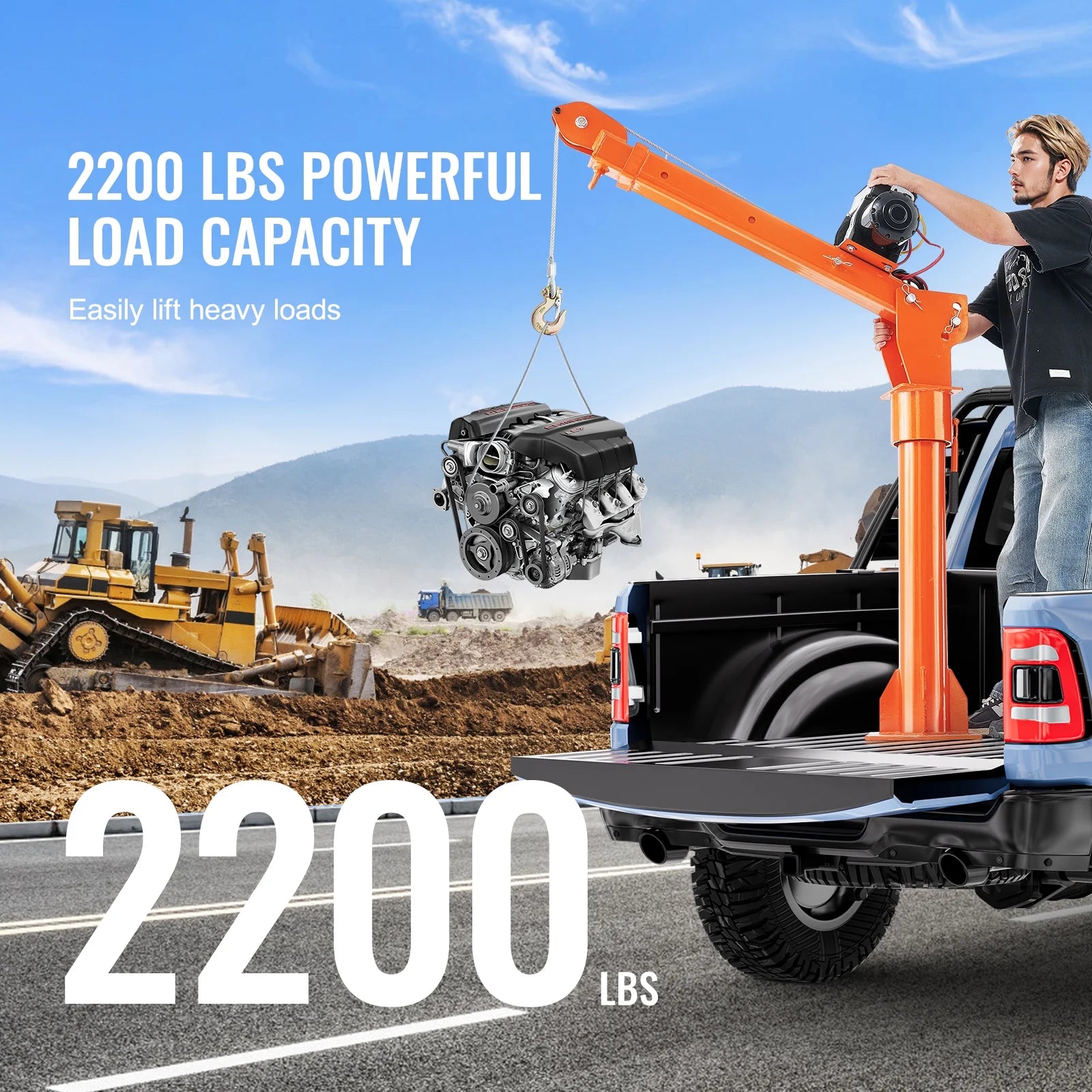 KFFKFF Power-Operated Truck Crane, 2200 lbs, Collapsible Truck-Bed Mounted Crane with 6000 lbs Electric Winch, Steel-Made Truck Jib Crane Hoist with 360° Rotation
