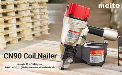 MEITE CN90 Industrial Coil Siding Nailer 15 Degree 2-1/4" to 3-1/2" Pneumatic Coil Nail Gun with Aluminum Housing