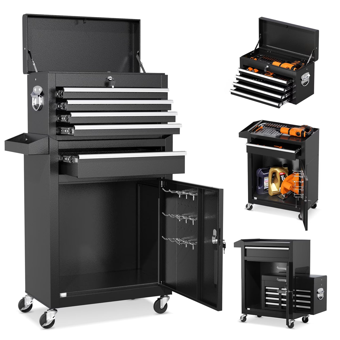 SUNCROWN 2-IN-1 Tool Chest, 8-Drawer Rolling Tool Chest with Hooks and Lockable Wheels,Metal Storage Detachable Top Tool Box with Lockable Wheels for Garage, Workshop, Art Studio(Black)