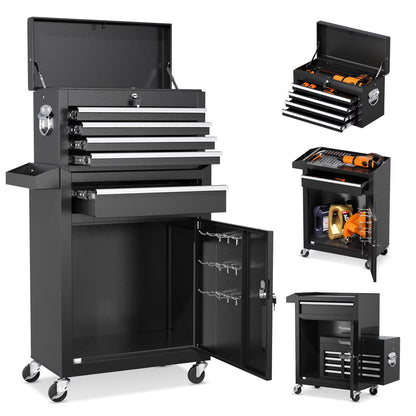 SUNCROWN 2-IN-1 Tool Chest, 8-Drawer Rolling Tool Chest with Hooks and Lockable Wheels,Metal Storage Detachable Top Tool Box with Lockable Wheels for Garage, Workshop, Art Studio(Black)
