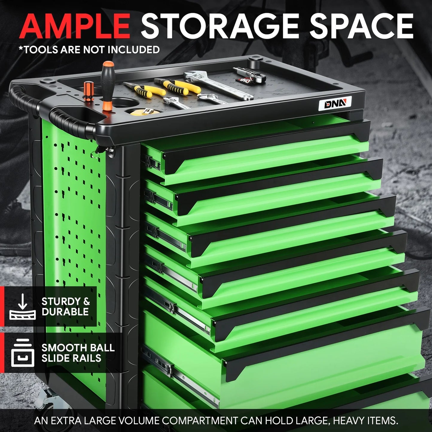 7-Drawers Rolling Tool Chest Cabinet with Casters, Locking System, Top Tray, for Garage Warehouse Workshop, Green