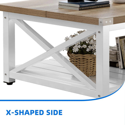 Dextrus Farmhouse Coffee Table Square Wood Center Table End Table with Open Storage Shelf for Living Room, Gray Wash