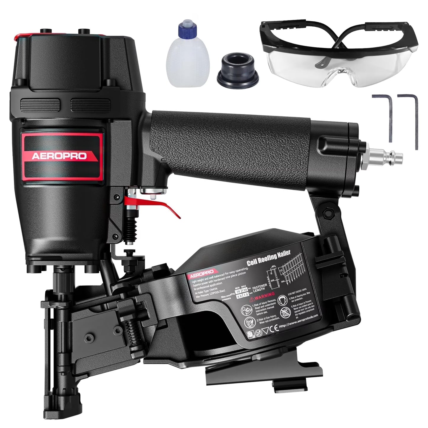 AeroPro CN45N Professional Roofing Nail Gun, Air-Powered, Compatible with 15? Wire Coil Nails from 3/4" to 1-3/4", for Asphalt Roofing Projects