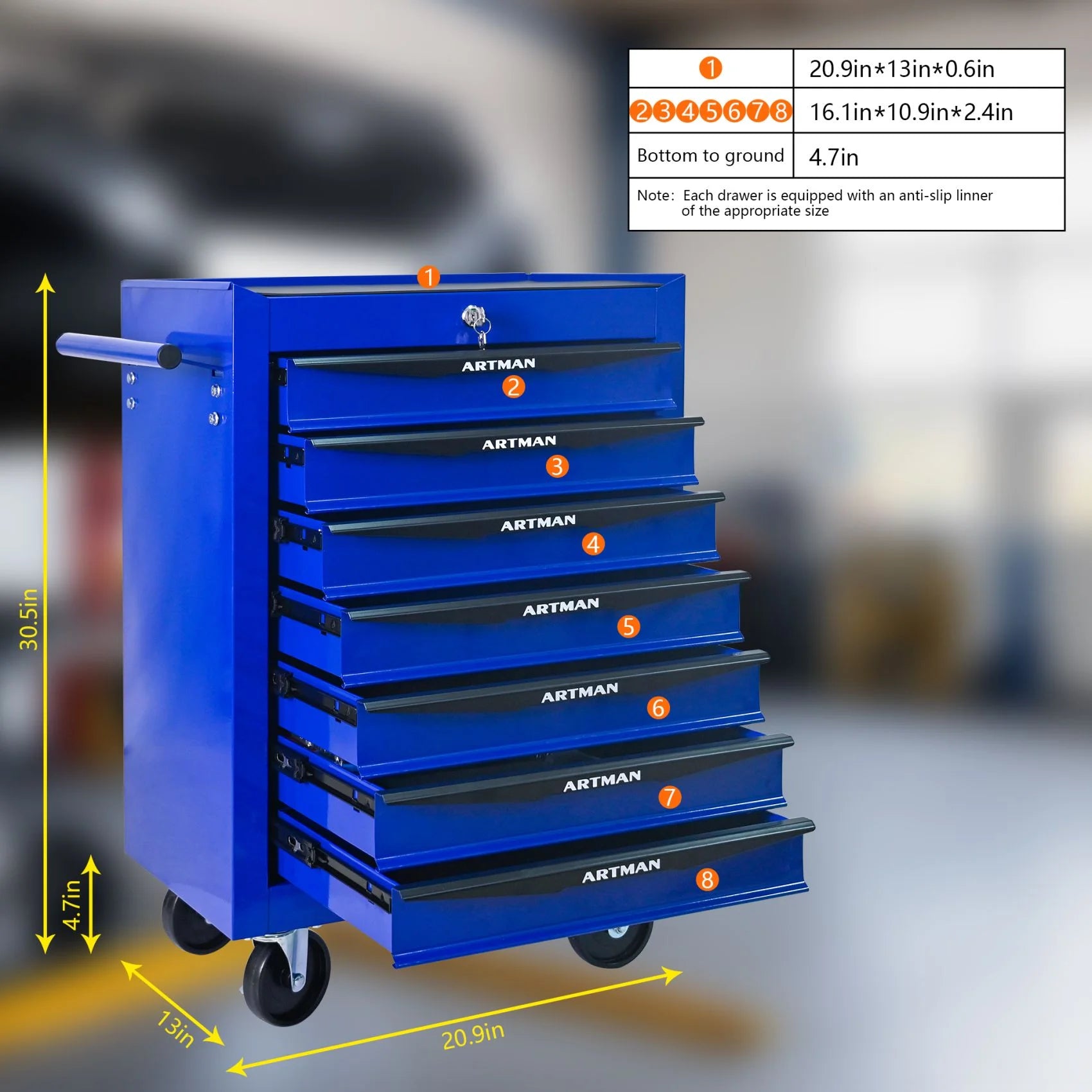 FARONZE Rolling Metal Tool Chest with 7 Drawers, 20" Steel Storage Cabinet with Ball Bearing Slides, Black and Blue Finish