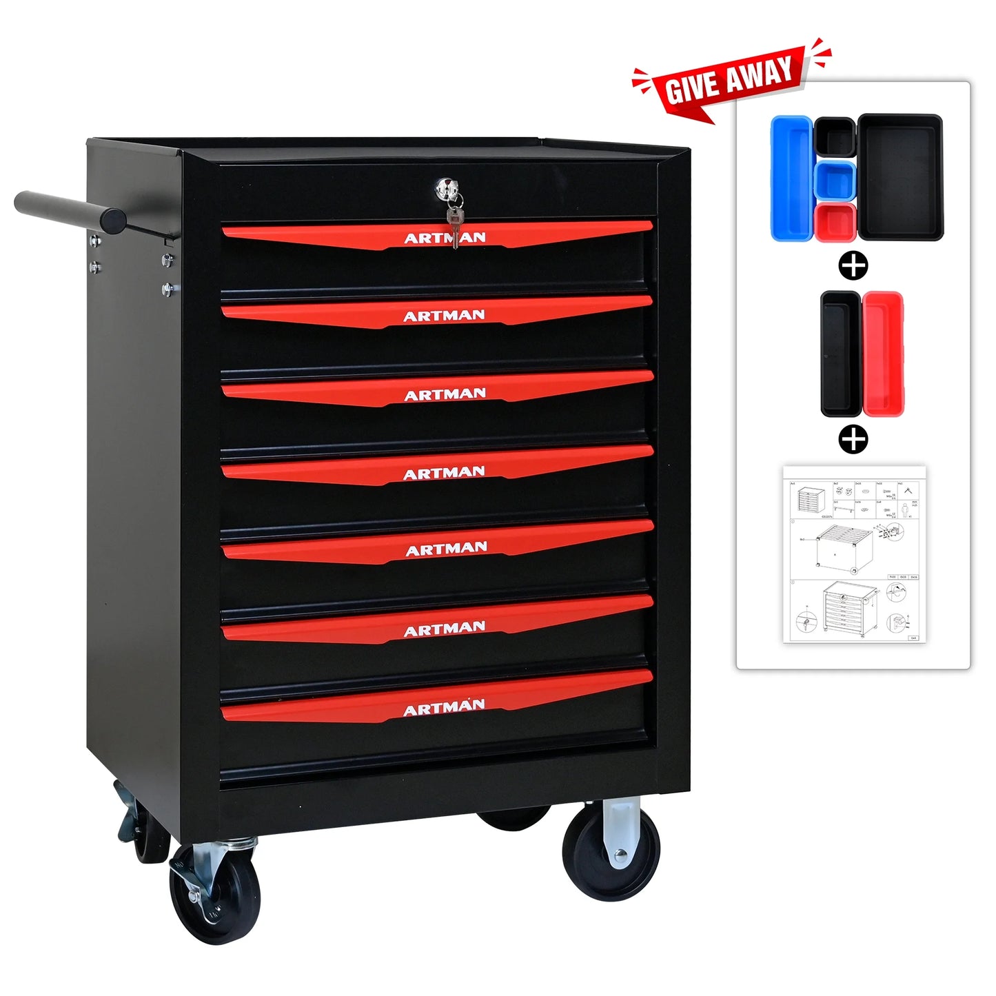 Witaxima 20" 7-Drawer Rolling Metal Tool Chest, Black & Red