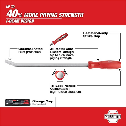 Milwaukee Tool 4-Pc I-Beam All-Metal Core Chrome Finish Pry Bar Set, (8, 12, 18, 24 In.)