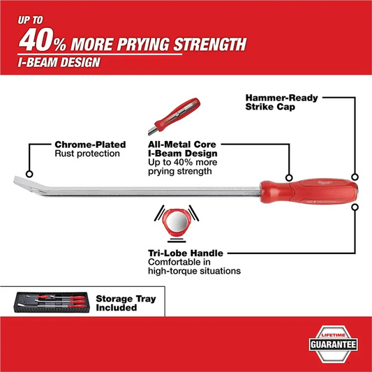 Milwaukee Tool 4-Pc I-Beam All-Metal Core Chrome Finish Pry Bar Set, (8, 12, 18, 24 In.)