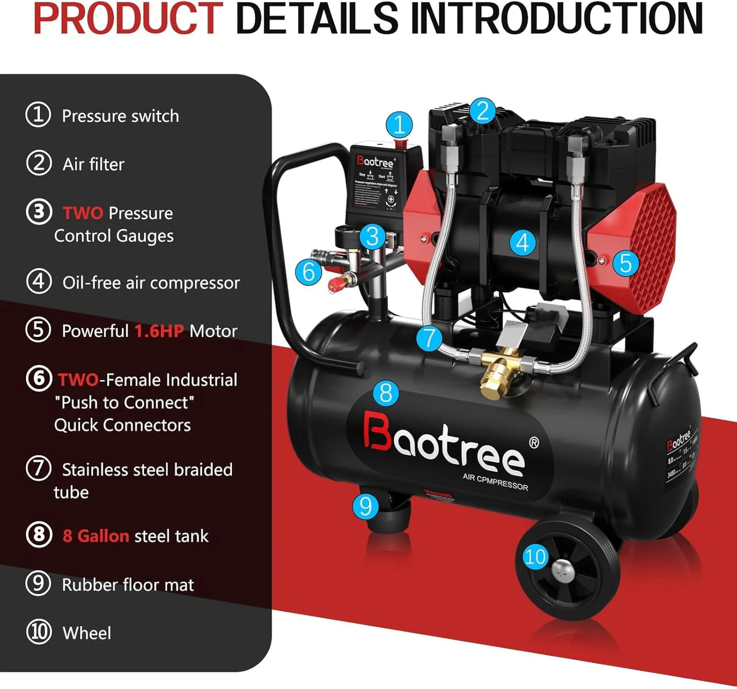 Zhixing 8 Gallon Portable Oil-Free Air Compressor, Ultra Quiet 70dB, 1.5HP 115PSI High Pressure 4.52CFM, Auto Repair/Bicycle Tire Inflating/Garage Painting | 110V-60Hz Home and Commercial