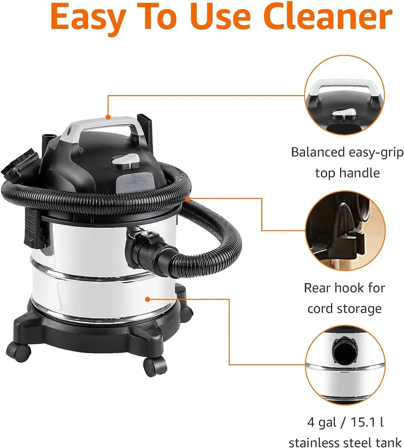 Basics Wet Dry Vacuum Cleaner, 4 Gallon Shop Vac with 3HP Motor, Stainless Steel Tank, Durable Multi-Surface Cleaner, Grey/Black