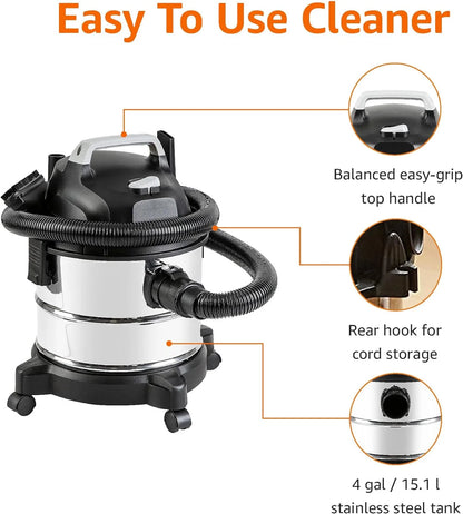 Basics Wet Dry Vacuum Cleaner, 4 Gallon Shop Vac with 3HP Motor, Stainless Steel Tank, Durable Multi-Surface Cleaner, Grey/Black