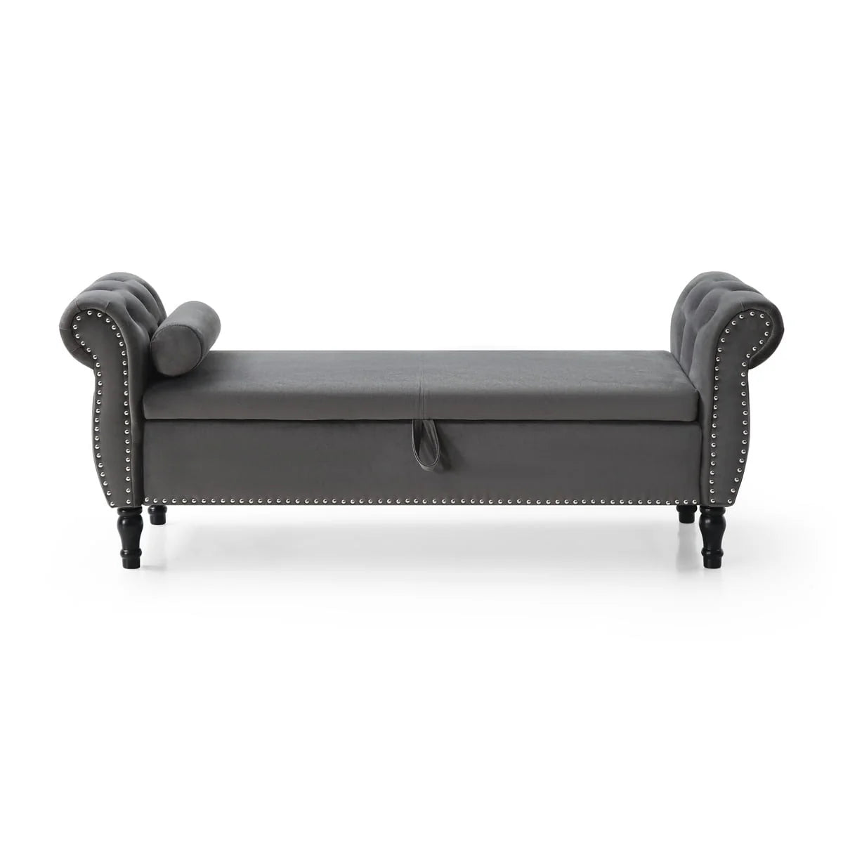 JINS& VICO 63'' Velvet Storage Ottoman Bench, Upholstered Tufted Sofa Stool with Rolled Armrest and Nailhead Trim, Rectangular Chaise Lounge with 1 Pillow for Living Room Bedroom, Gray