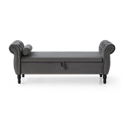 JINS& VICO 63'' Velvet Storage Ottoman Bench, Upholstered Tufted Sofa Stool with Rolled Armrest and Nailhead Trim, Rectangular Chaise Lounge with 1 Pillow for Living Room Bedroom, Gray