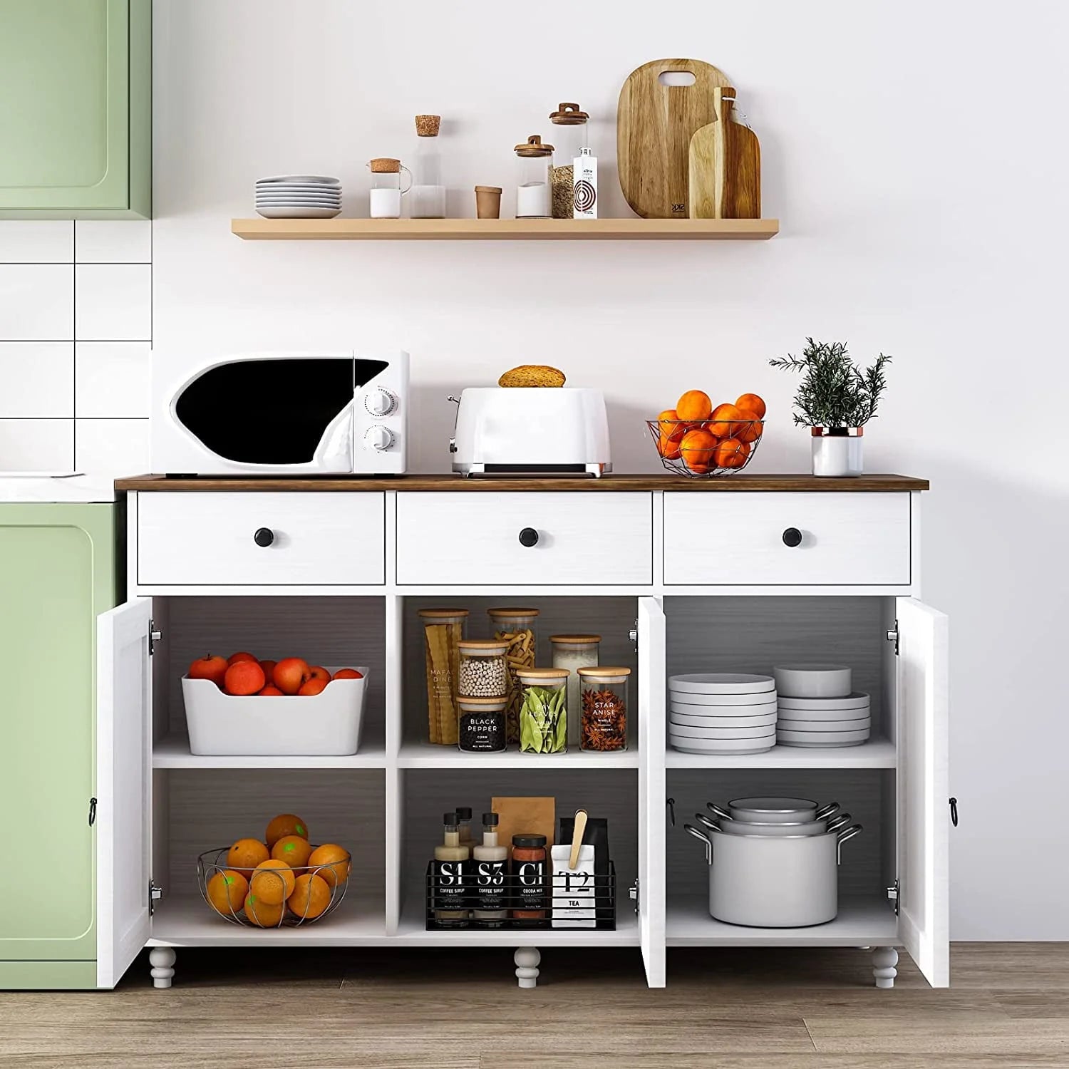Catrimown Sideboard Buffet Cabinet, Mid-Century Kitchen Storage Cabinet with 3 Drawers & 3 Doors, Coffee Bar Cabinet with 3 Adjustable Shelves, White