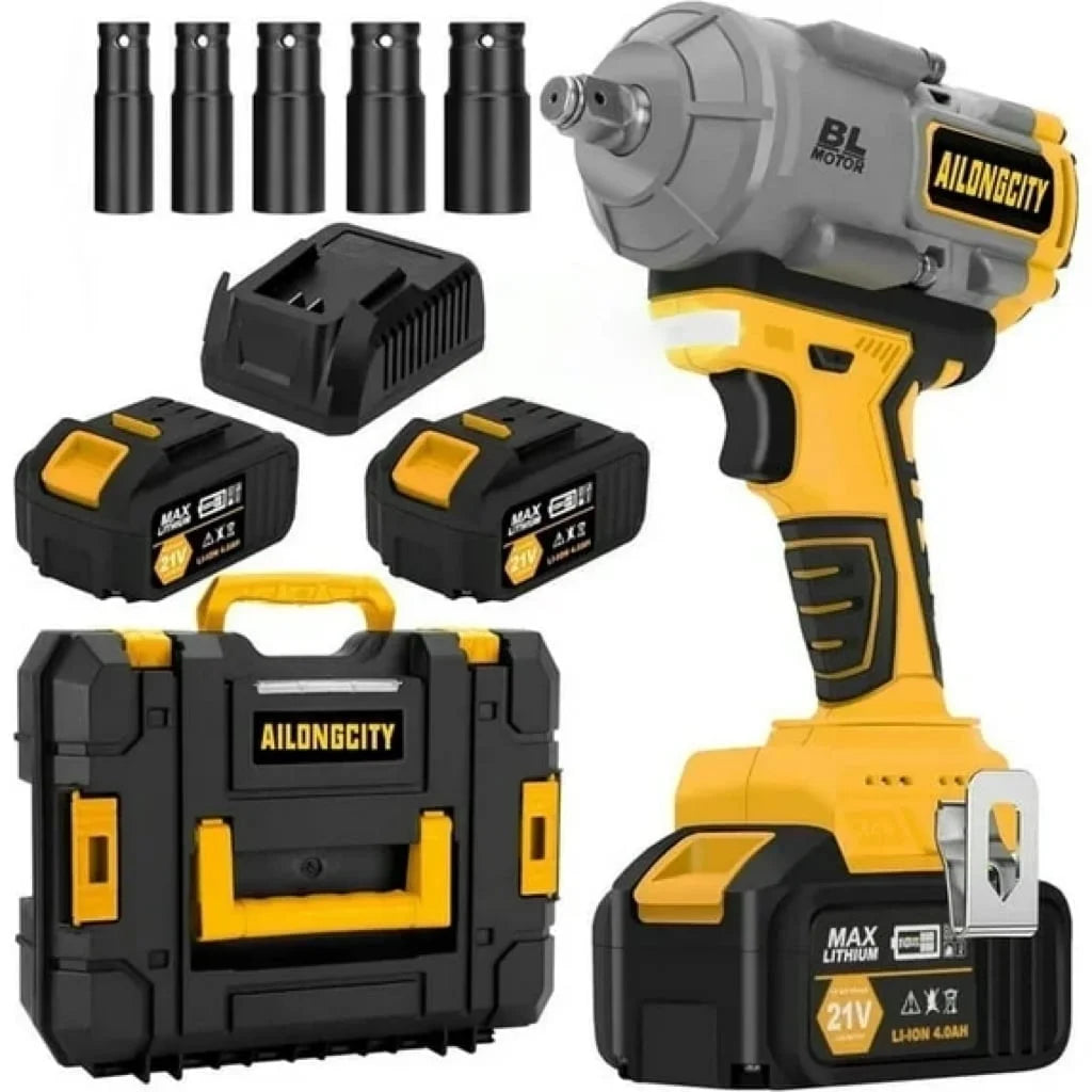 1000N.m(740ft-lbs) Cordless Impact Wrench, 1/2 Inch High Torque Brushless 21V Impact Gun w/2 x 4.0Ah Battery & Fast Charger & 5 Sockets, Pistola De Impacto for Home Car Tires Truck Mower