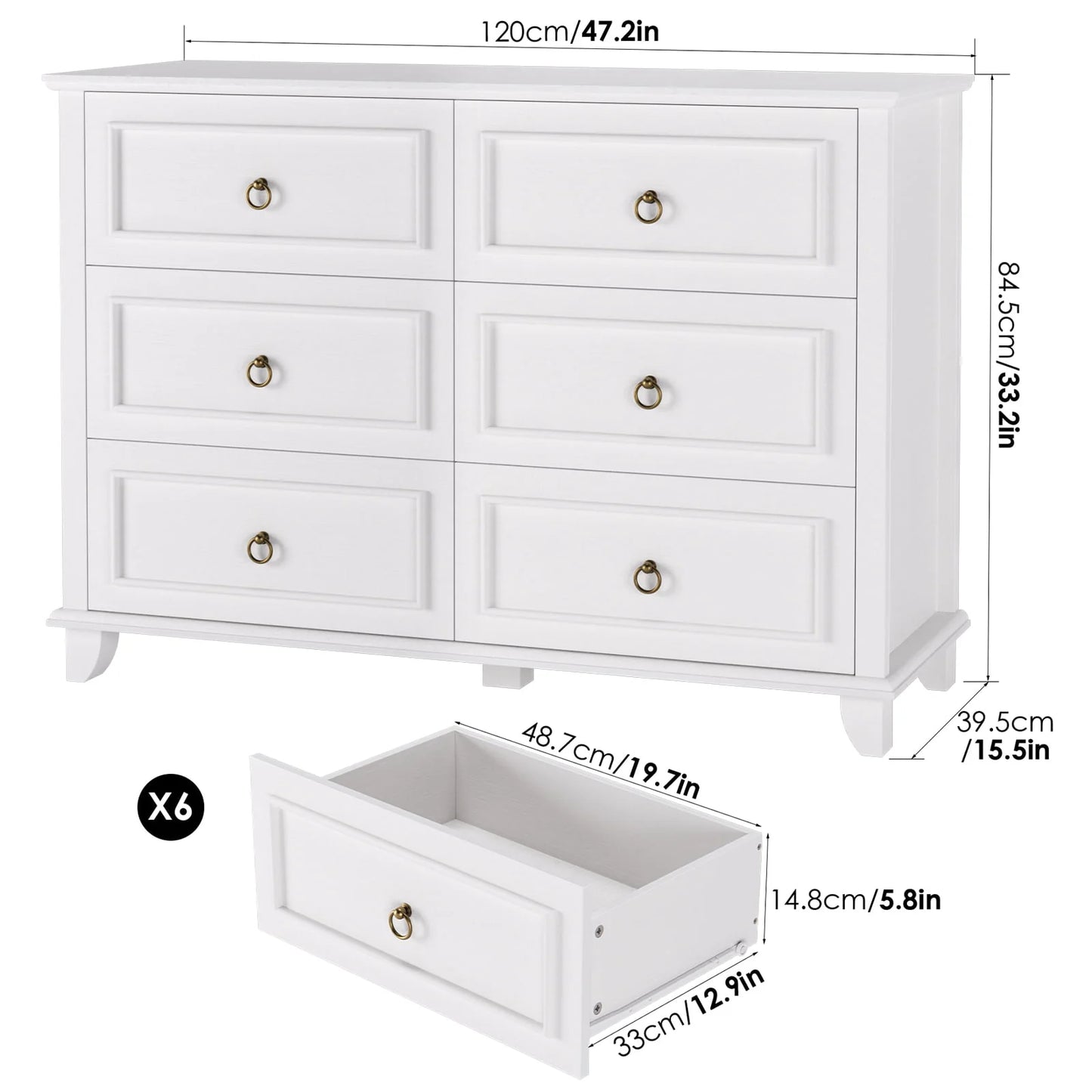 Homfa 6 Drawers Double Dresser, 47'' Wide Storage Cabinet Chest of Drawer for Bedroom Living Room, White