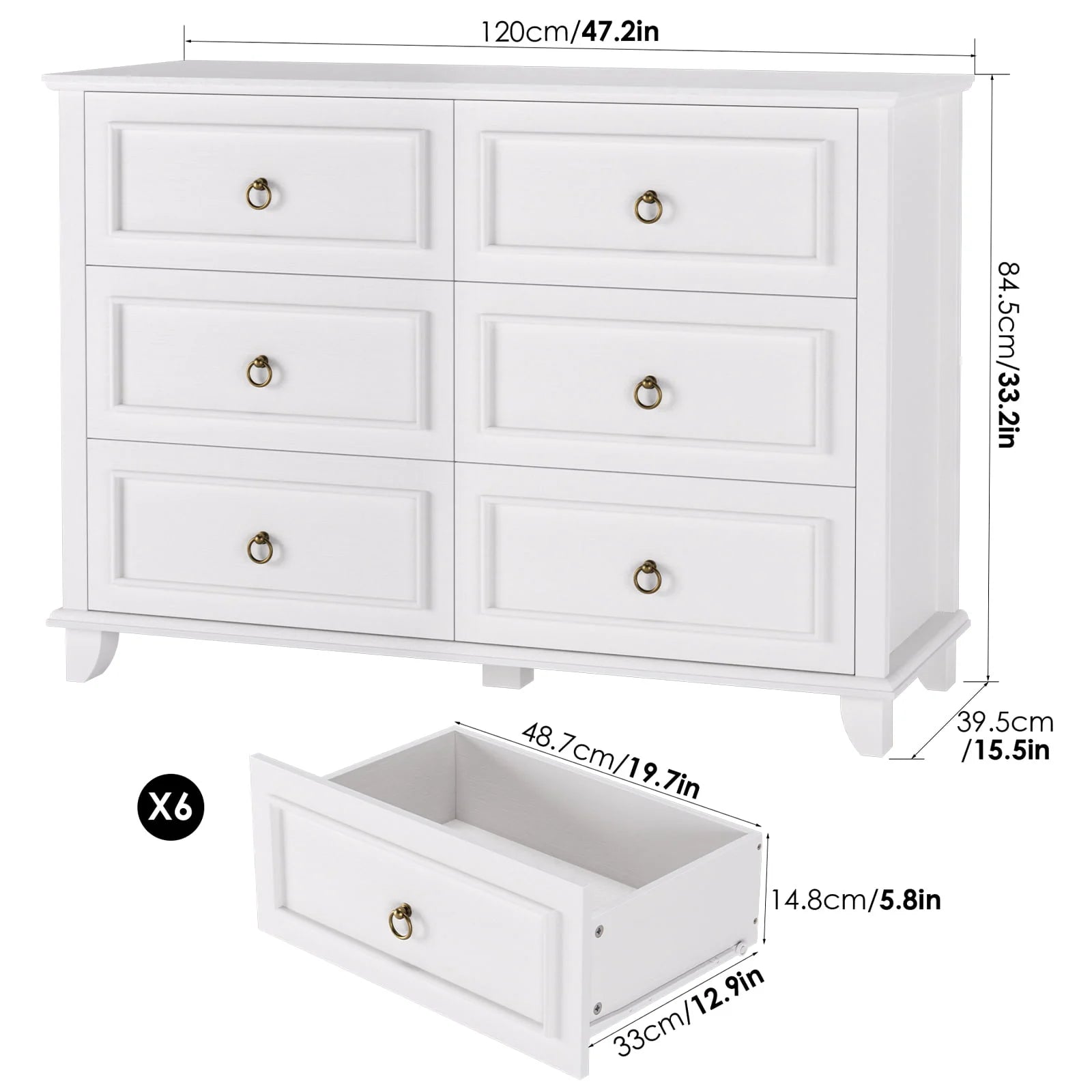 Homfa 6 Drawers Double Dresser, 47'' Wide Storage Cabinet Chest of Drawer for Bedroom Living Room, White