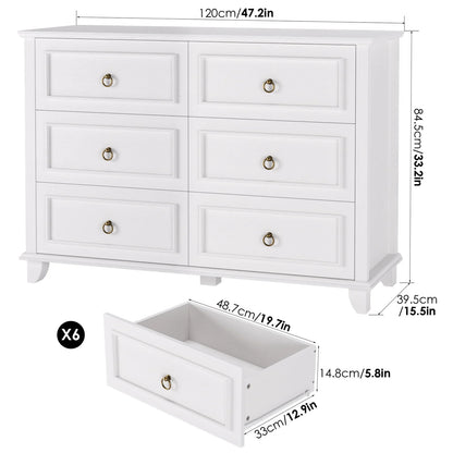 Homfa 6 Drawers Double Dresser, 47'' Wide Storage Cabinet Chest of Drawer for Bedroom Living Room, White