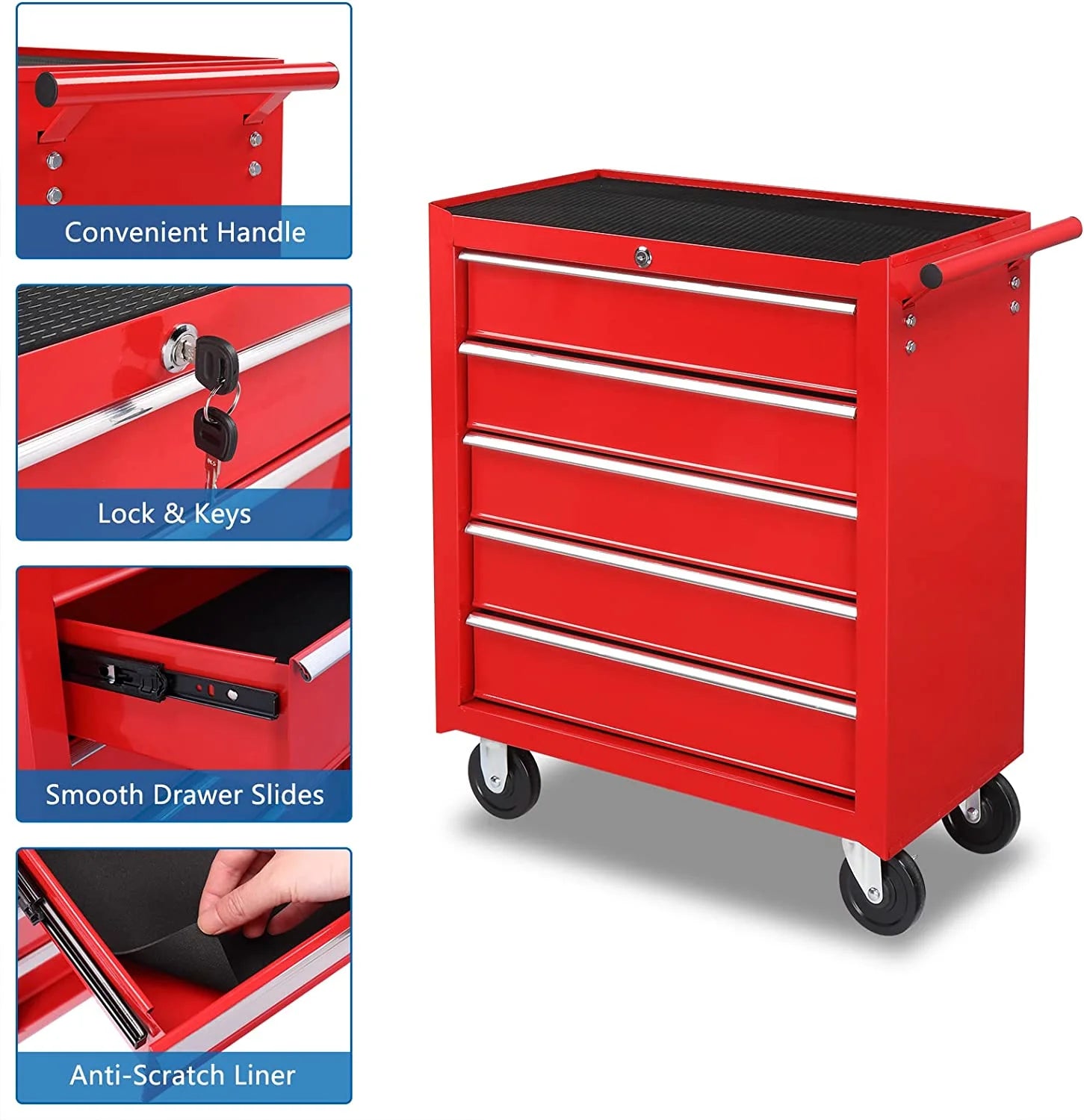 TUFFIOM 5-Drawer Rolling Tool Chest with Lock & Key, Tool Storage Organizer Box Cabinet with Wheels