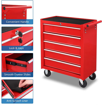 TUFFIOM 5-Drawer Rolling Tool Chest with Lock & Key, Tool Storage Organizer Box Cabinet with Wheels