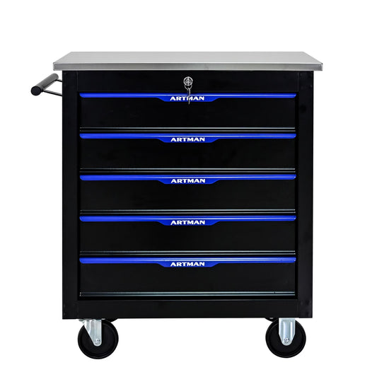 Olurrisa Rolling Steel Tool Chest, 5-Drawer Tool Storage Cabinet with Hanging Holes, Central Keyed Locking System, Lockable Wheels, Tool Organizer Box for Garage & Repair Shop