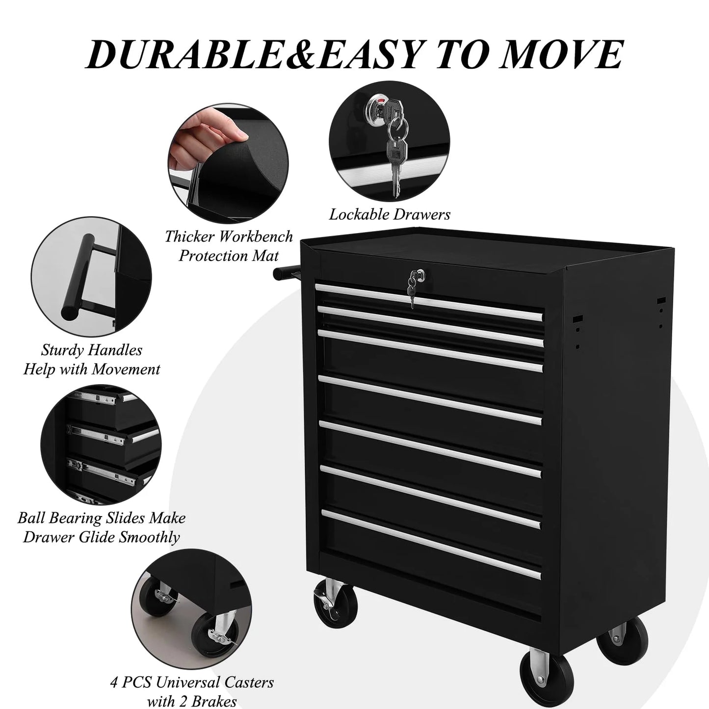 Pinypikaka 7 Drawer Rolling Tool Chest on Wheels, Lockable Tool Box, Removable Storage Case for Garage, Workshop and Craftsmen