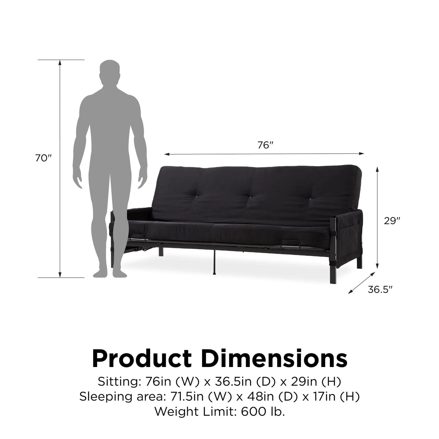 DHP Fairview Futon Set with Black Metal Frame, 6" Mattress and Storage Pockets, Black