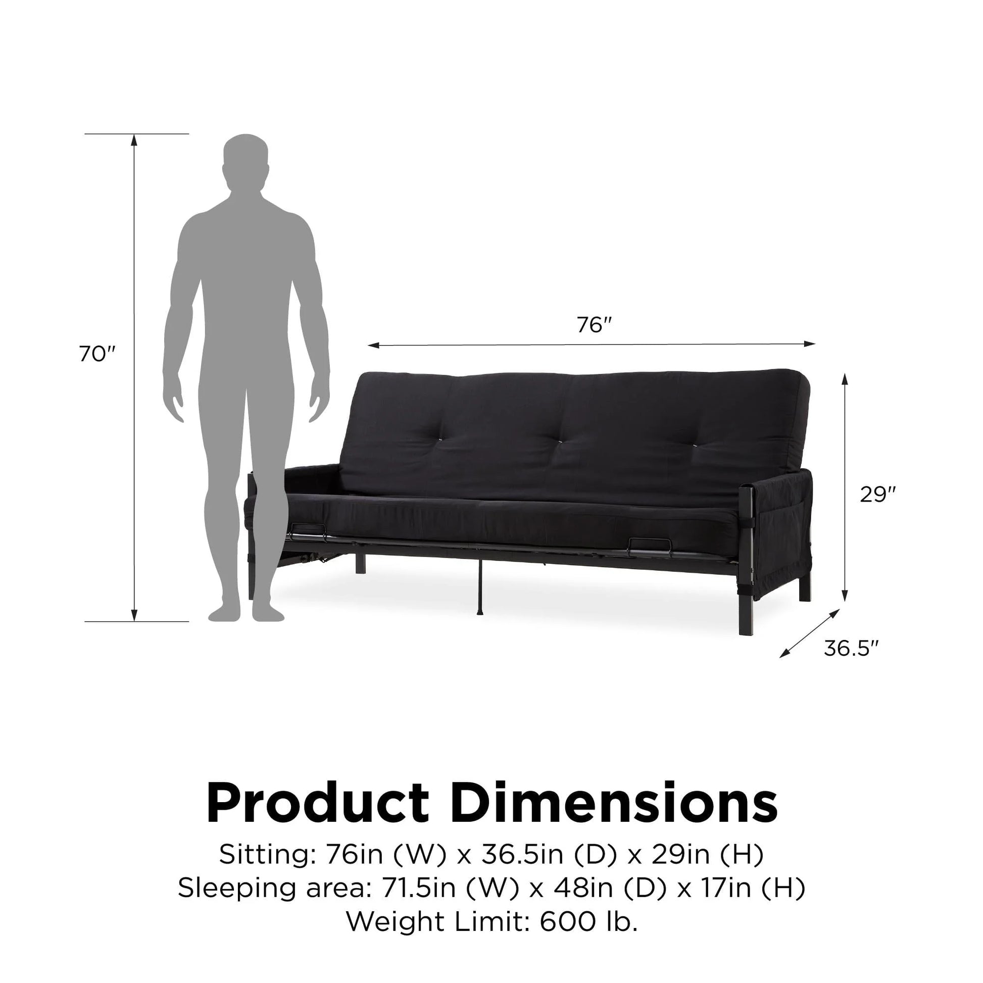 DHP Fairview Futon Set with Black Metal Frame, 6" Mattress and Storage Pockets, Black