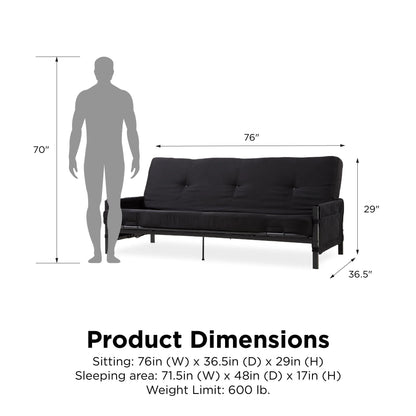 DHP Fairview Futon Set with Black Metal Frame, 6" Mattress and Storage Pockets, Black