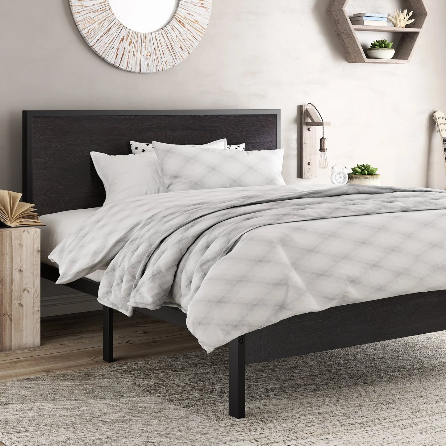 Amolife Heavy Duty Queen Size Platform Bed Frame with Wood Headboard, 12" Under Bed Storage, Black Oak