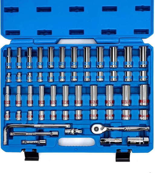 Neiko 02513A 3/8-Inch-Drive Ratchet and Socket Set, 53-Piece, Standard and Deep SAE Sizes 5/16" to 7/8", Made with CrV Steel