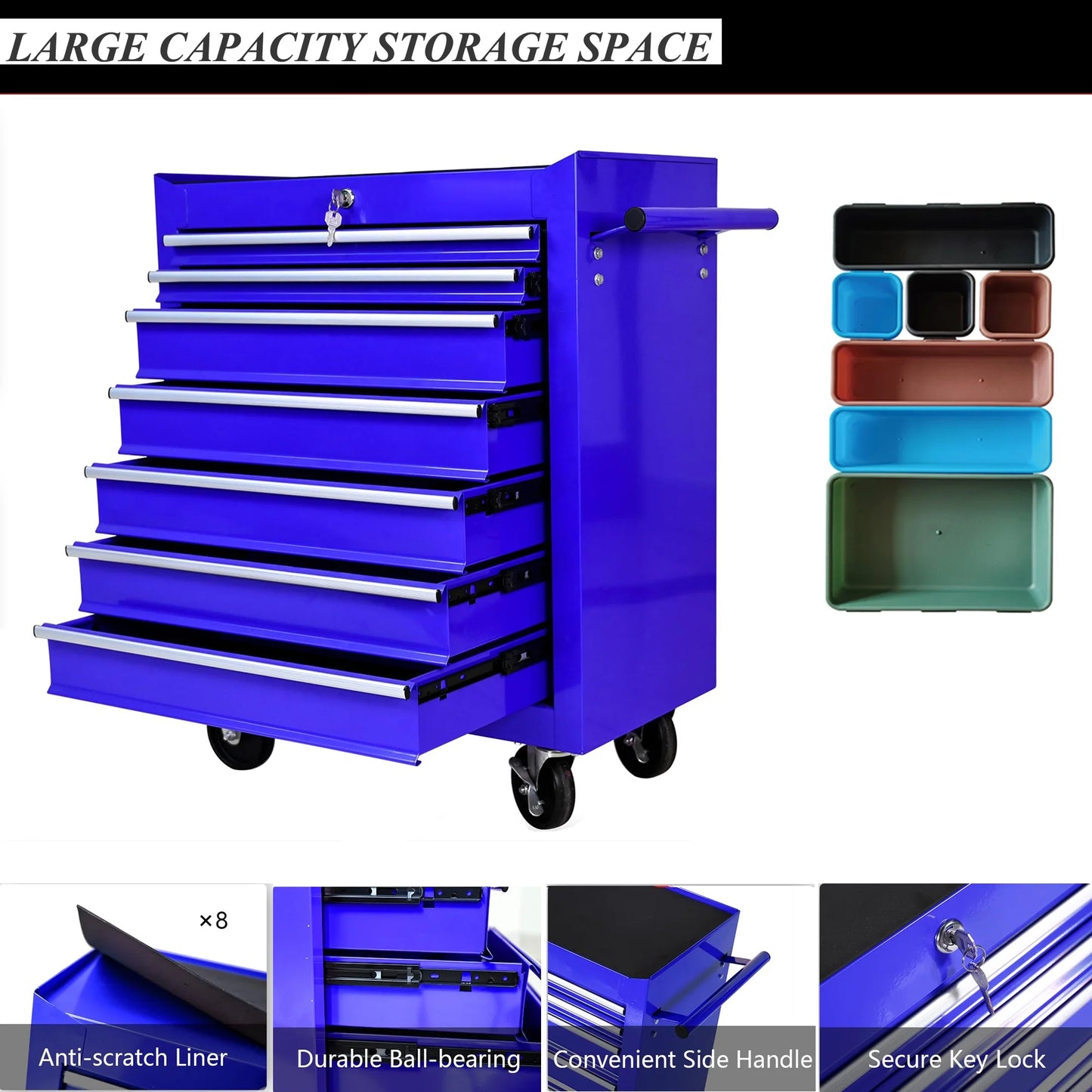 7 Drawer Tool Chest with Wheels,Metal Locking Rolling Tool Box with Tool Organizer Trays for Tool Storage Organizer,Portable Standing Mechanic Toolbox for Garage,30 in Tall Tool Cabinet