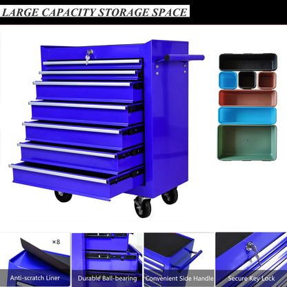 7 Drawer Tool Chest with Wheels,Metal Locking Rolling Tool Box with Tool Organizer Trays for Tool Storage Organizer,Portable Standing Mechanic Toolbox for Garage,30 in Tall Tool Cabinet