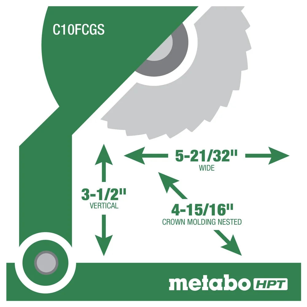Metabo HPT Compound Miter Saw, 10" Miter Saw with Large Table Saw for woodworking, Power saw with 15-Amp Motor, Accurate Miter Angles, 0-45 Bevel, 24T TCT Miter Saw Blade, Positive Stops, C10FCGS