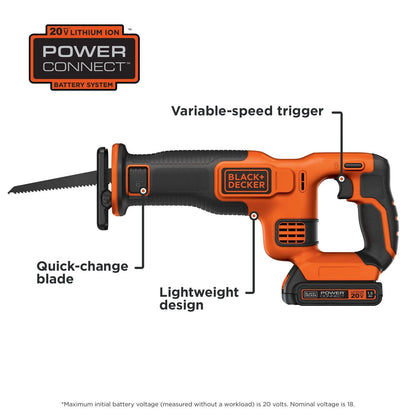 BLACK+DECKER 20V Cordless Reciprocating Saw, 1.5Ah, Battery and Charger Included