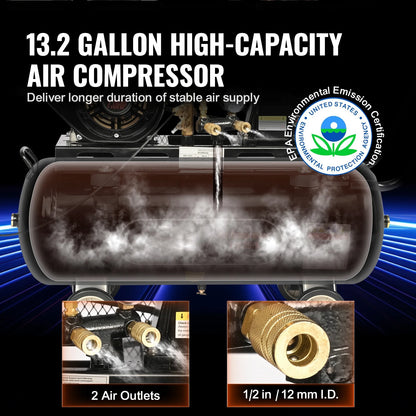 KFFKFF Gas Air Compressor with 7HP Engine, 13.2 Gallon Horizontal Tank, Delivers 9CFM at 115PSI, Gas-Driven Piston Pump, Max 115PSI, Perfect for Job Sites and Workshops
