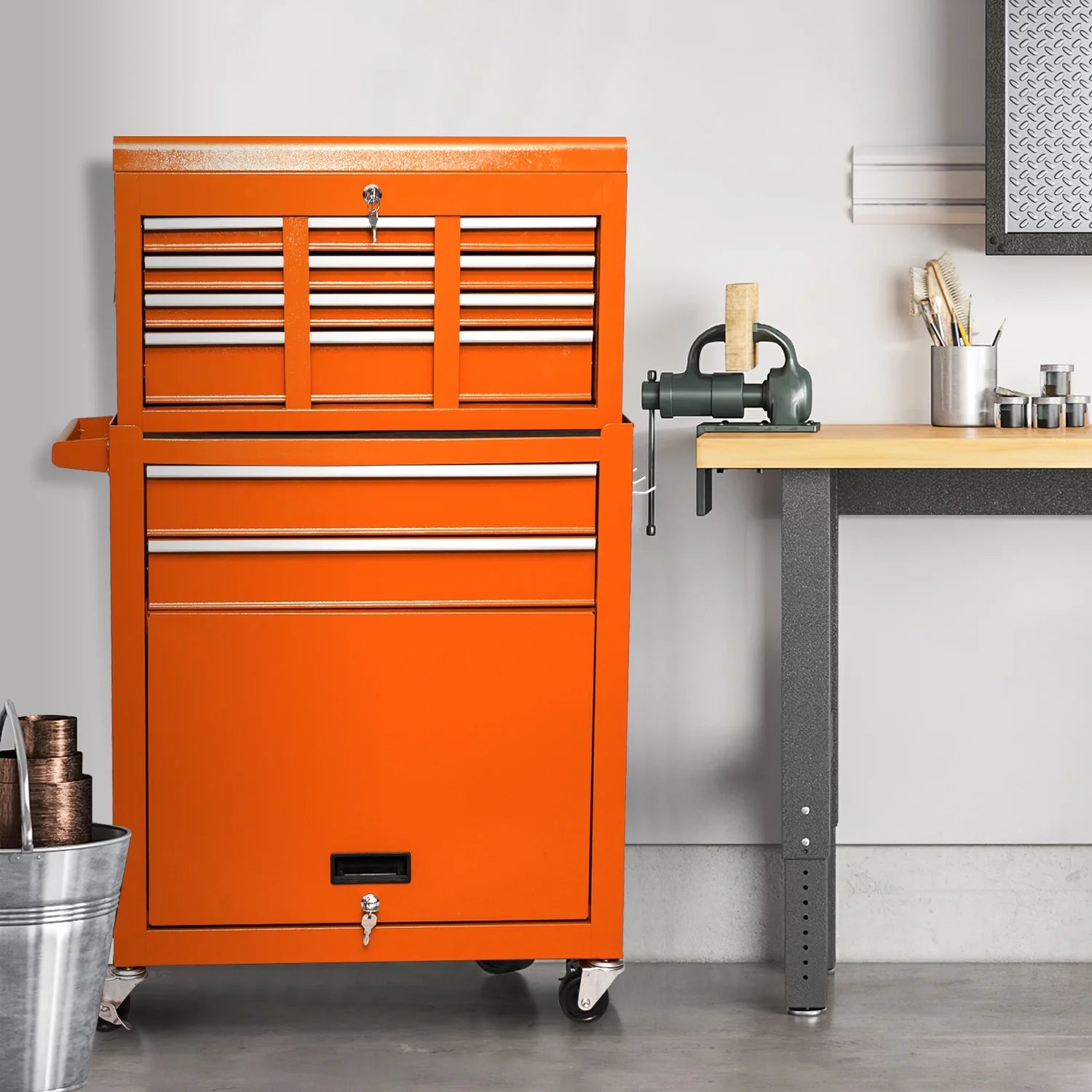 8-Drawer Tool Chest with Wheels, Tool Storage Cabinet and Tool Box, Lockable Rolling Tool Chest with Drawers, Toolbox Organizer for Garage Warehouse Workshop (Orange)
