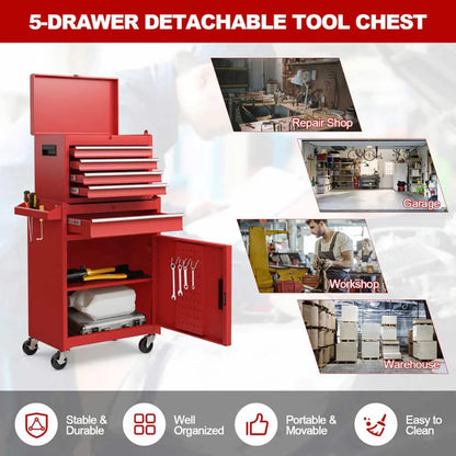Demifill 2-in-1 Tool Chest and Cabinet with 5 Sliding Drawers, Large Storage Space and Detachable Design, Red
