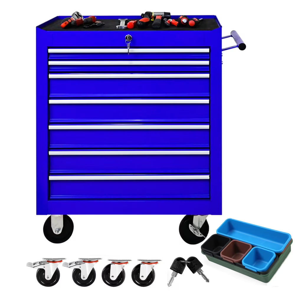 7 Drawer Tool Chest with Wheels,Metal Locking Rolling Tool Box with Tool Organizer Trays for Tool Storage Organizer,Portable Standing Mechanic Toolbox for Garage,30 in Tall Tool Cabinet