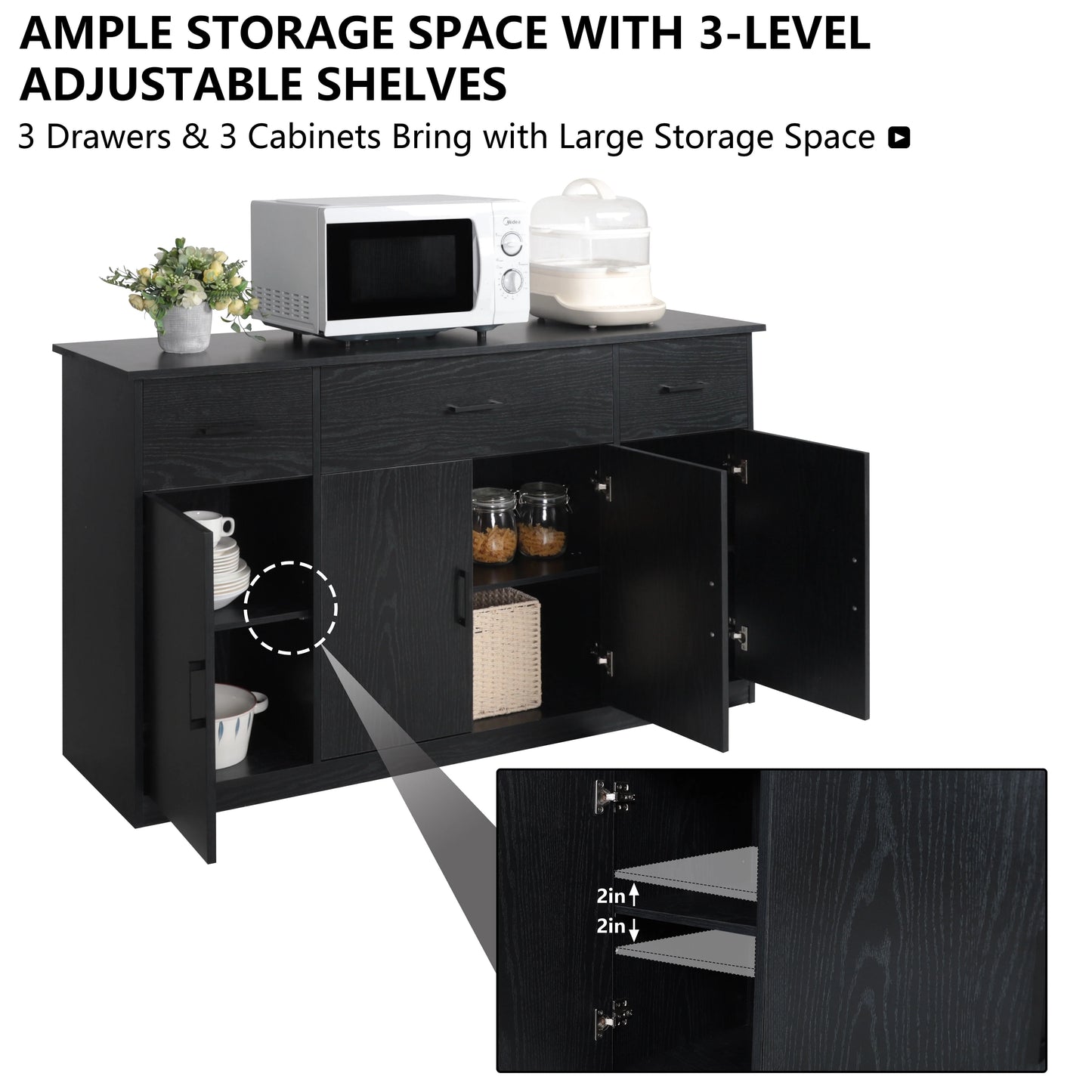 VEIKOUS Sideboard Buffet Cabinet Kitchen Cupboard Storage Cabinet with 3 Drawers and 4 Doors, Black