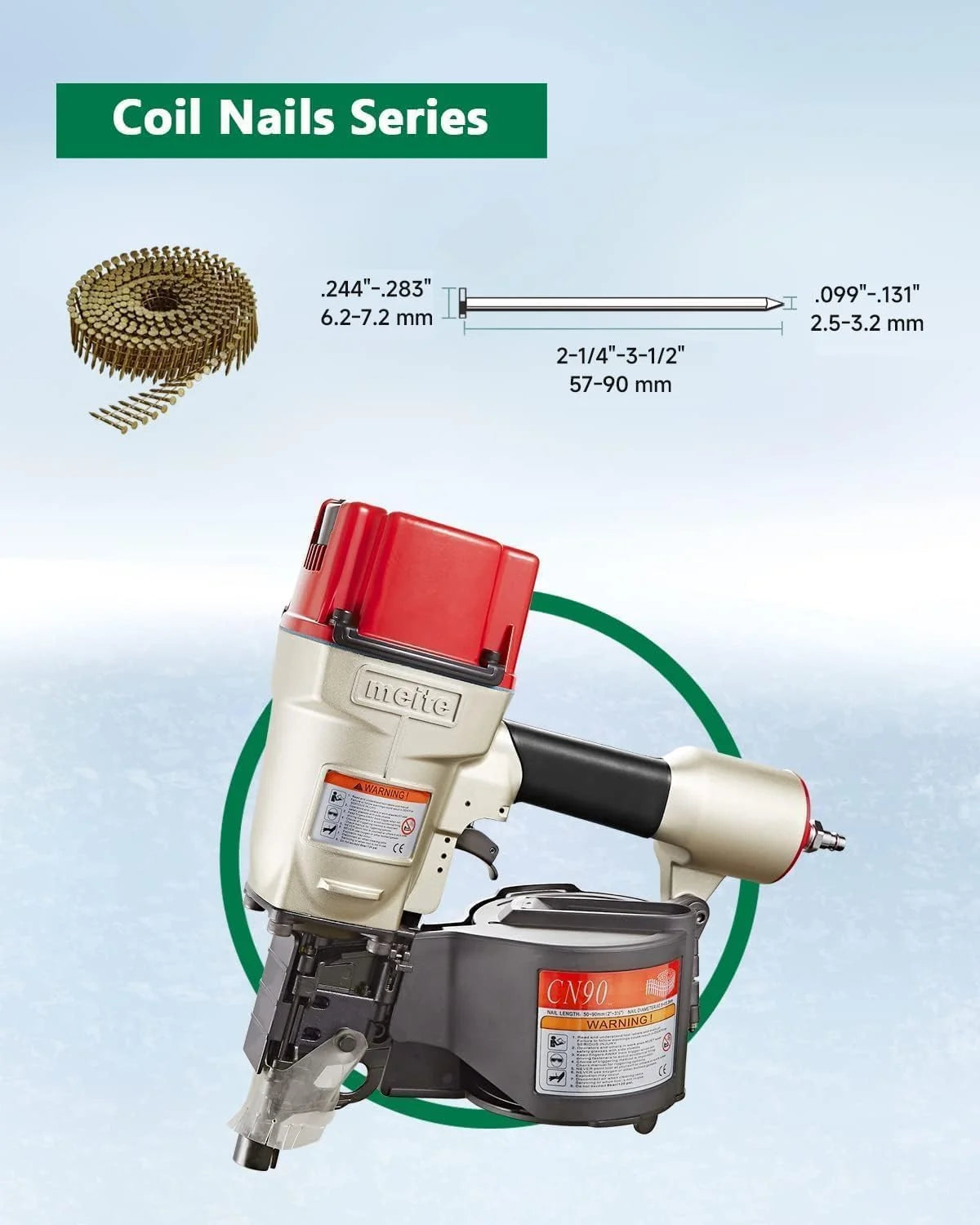 MEITE CN90 Industrial Coil Siding Nailer 15 Degree 2-1/4" to 3-1/2" Pneumatic Coil Nail Gun with Aluminum Housing