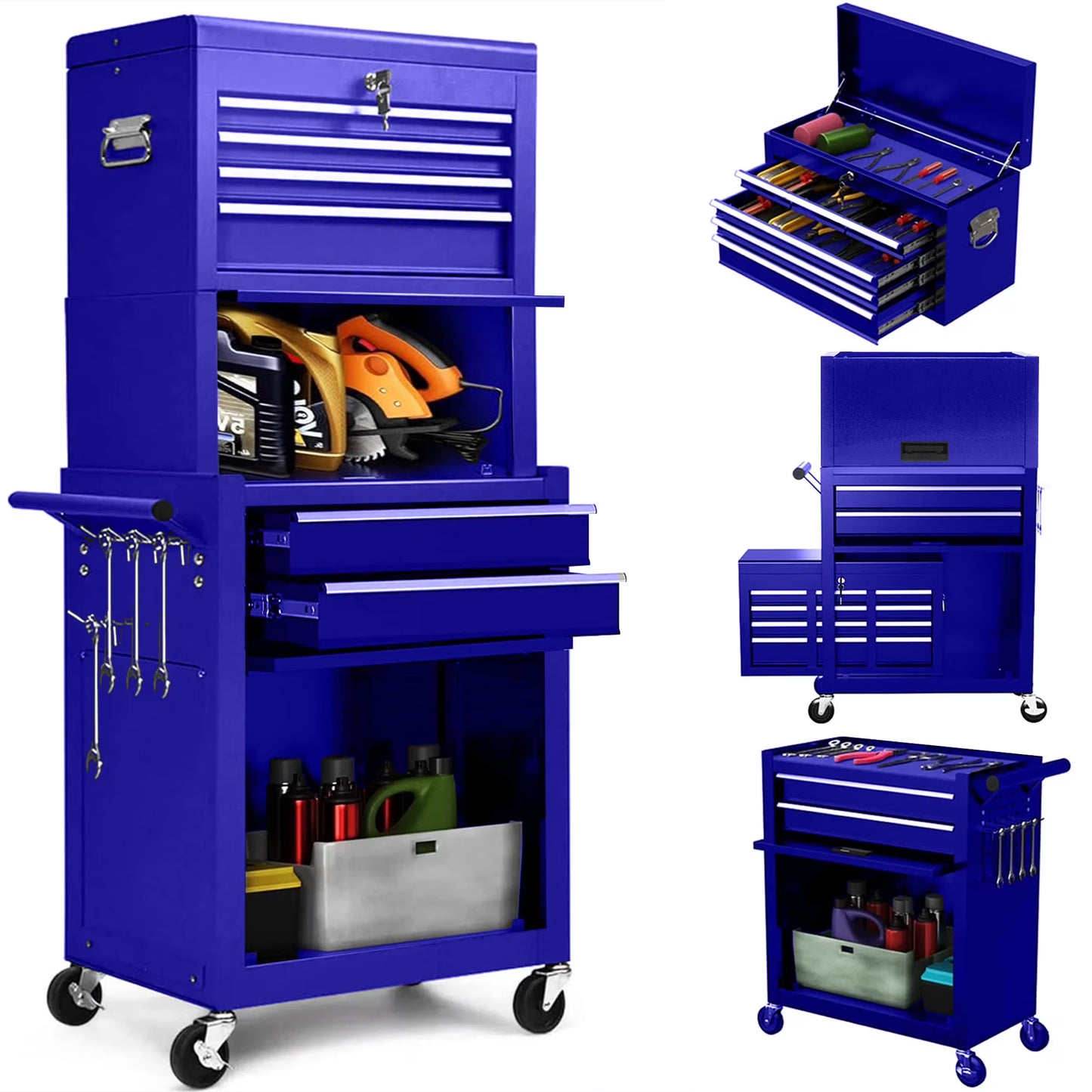 Aukfa Tool Box, 3 in 1 Steel Rolling Tool Chest w/6-Drawers & 2 Cabinet for Garage Workshop, Black