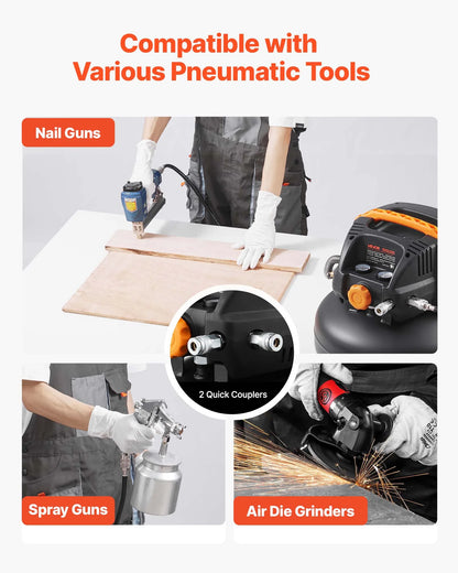 VEVOR 6 Gallon Air Compressor,1.7HP 2.3CFM@90PSI Portable Pancake Air Compressor & 150PSI Max Pressure, 12-Piece Accessory Kit with 25FT Air Hose for Tire Inflation, Spray Painting, Woodwork Nailing