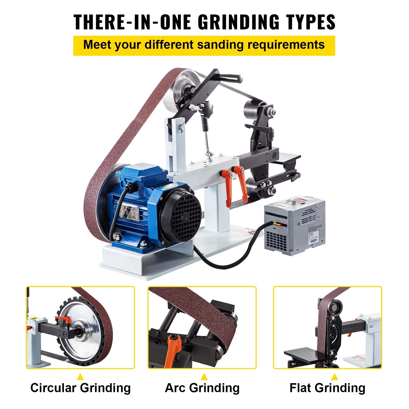 KFFKFF 1500W 2HP Metalworking Belt Sander Grinder, 2" x 82" Adjustable Speed, 3-in-1 Sander Polisher with 3 Grinding Moulds & Flat Platen Tool Rest, Ideal for Knife Crafting