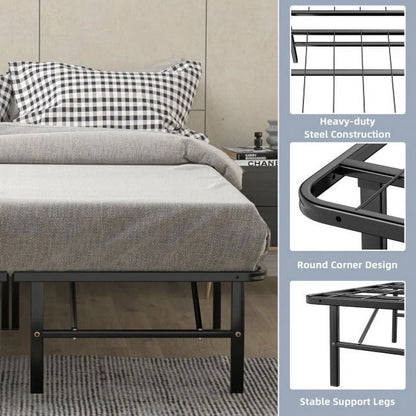 74" x 53" x 14" Foldable Metal Platform Bed Frame, No Box Spring Needed Steel Slats Support, 14 Inches High Under Bed Storage, Tool-free Assembly, Full Size