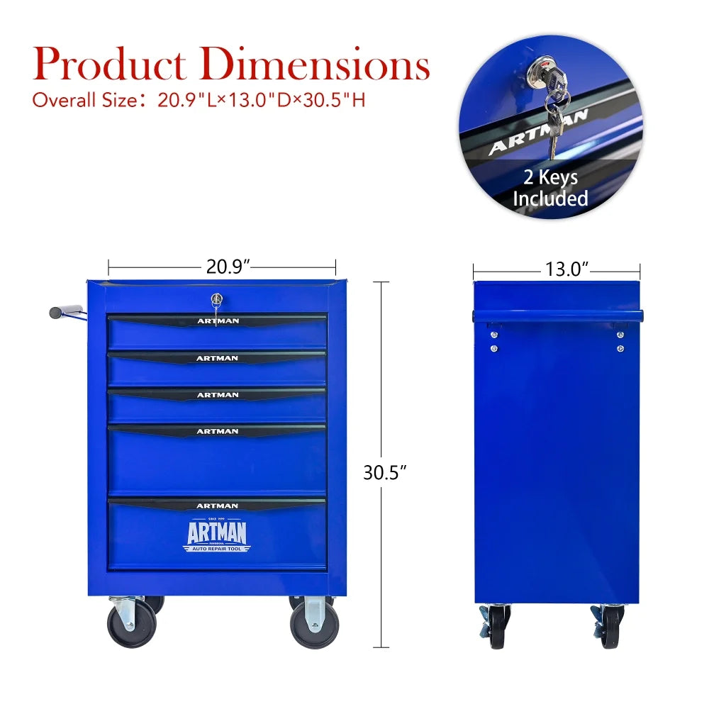 Rolling Metal Tool Chest with 5 Drawers, 20" 5-Drawer Tool Chest Cabinet with Ball Bearing Drawer Slides, Steel Tool Storage Box Organizer