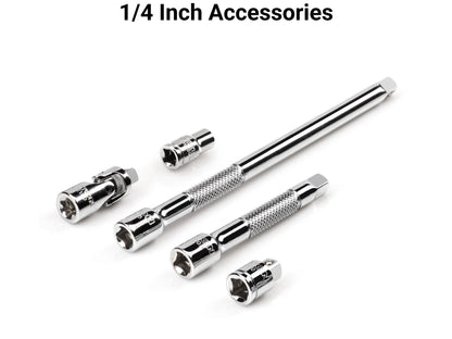 TEKTON 1/4 Inch Drive 12-Point Socket and Ratchet Set with Rails, 35-Piece (4-15 mm) | SKT03202