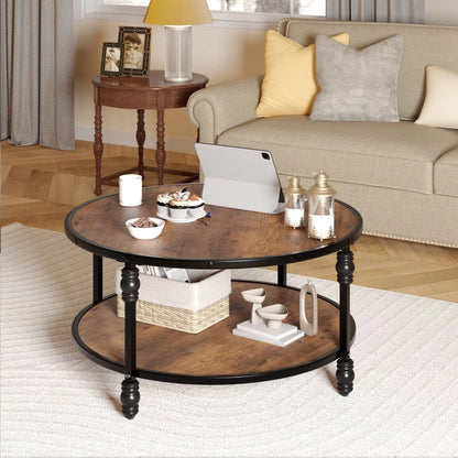 Round Coffee Table with Storage Shelf, Brown Wood 2 Tier Center Table with Metal Leg