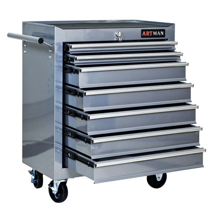 Rolling Tool Chest with 7-Drawer Tool Box with Wheels, Multifunctional Tool Cart Mechanic Tool Storage Cabinet for Garage, Warehouse, Workshop, Repair Shop, Silver
