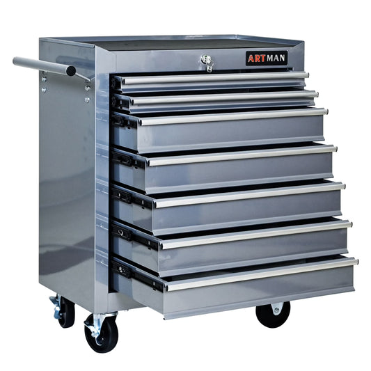 Rolling Tool Chest with 7-Drawer Tool Box with Wheels, Multifunctional Tool Cart Mechanic Tool Storage Cabinet for Garage, Warehouse, Workshop, Repair Shop, Silver